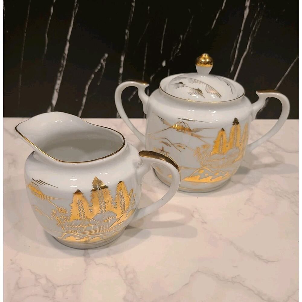 Kutani Sugar & Creamer Set White & Gold Mt. Fuji Village Scene Hand-painted EUC
